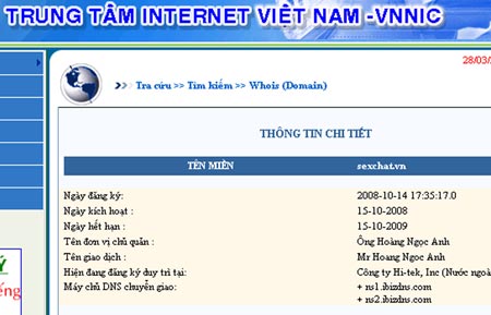 Tên miền “sexchat.vn” được VNNIC cấp cho ông Hoàng Ngọc Anh vào tháng 10-2008. 