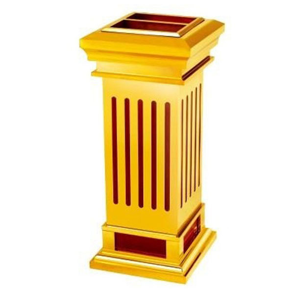 Thùng rác inox có gạt tàn, hình vuông, mạ vàng
